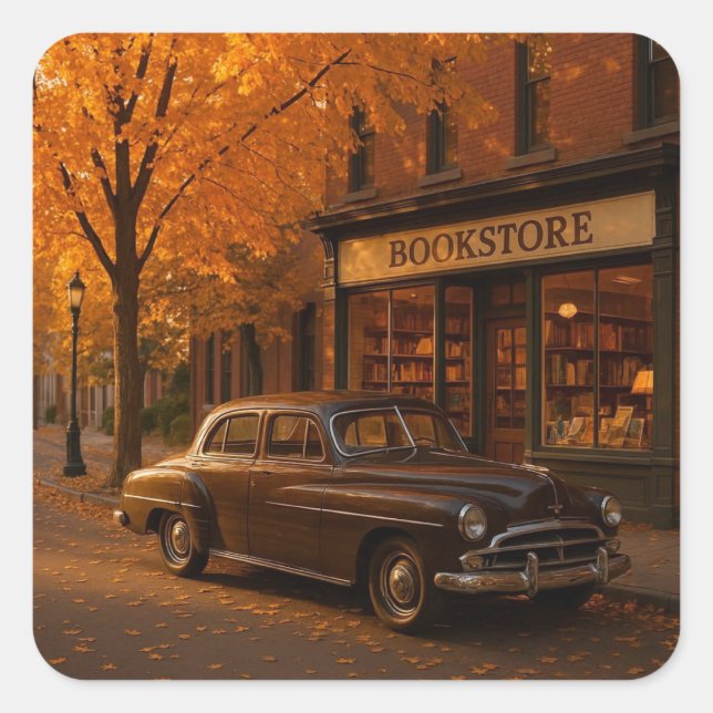 Vintage Fall/Autumn bookstore & car Square Sticker (Front)