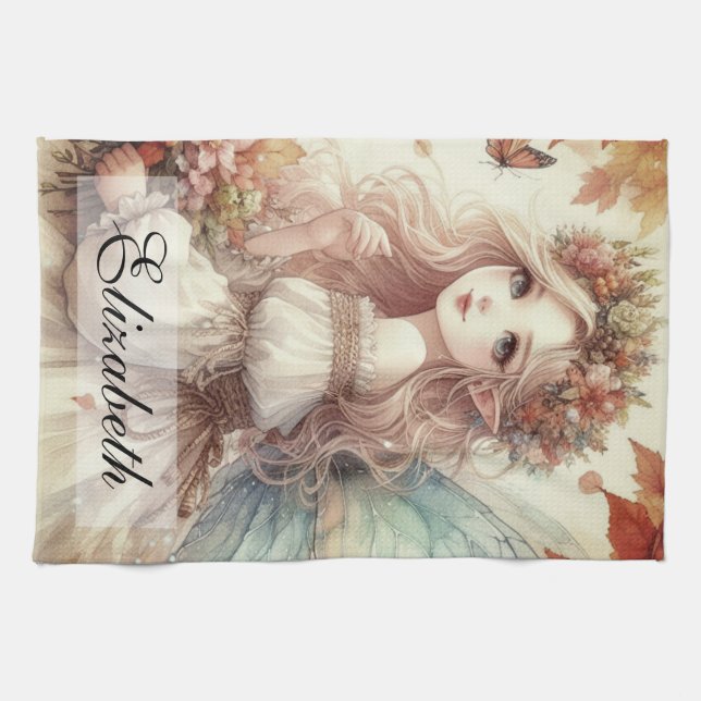 Vintage Fall Fairy with Autumn leaves  Tea Towel (Horizontal)