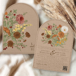 Vintage Fall Floral Boho Rustic Kraft Arch Wedding Invitation
