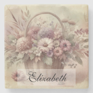 Vintage Fall flowers pastel watercolor painting Stone Coaster