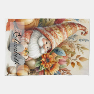 Vintage Fall Gnomes with Autumn leaves  Tea Towel