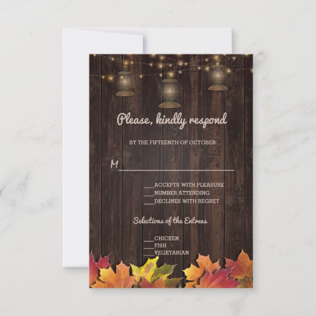 Vintage Fall Leaves Old Lanterns Wood RSVP Card (Front)