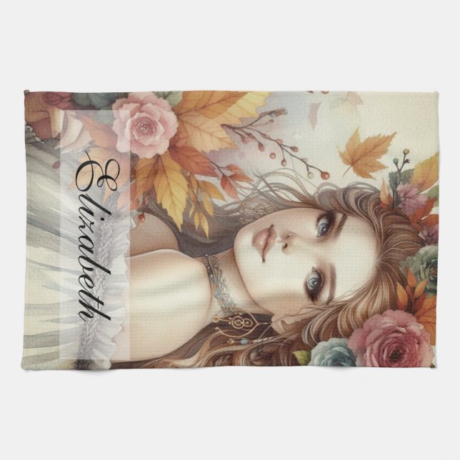 Vintage Fall Princess with Autumn leaves  Tea Towel (Horizontal)