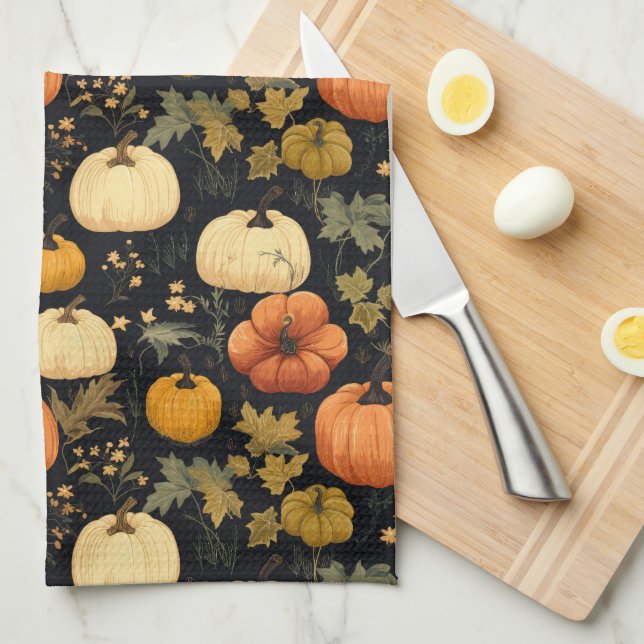 Vintage Fall Pumpkin Pattern Tea Towel (Quarter Fold)