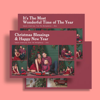 Vintage Family 9 Photo Christmas Quote Red Holiday Card