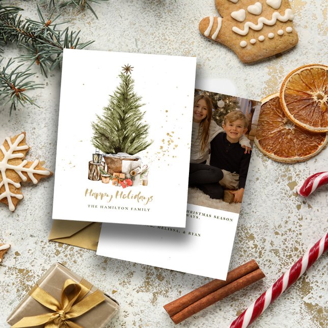 Vintage Family Christmas Photo Gold Happy Holiday Card (Creator Uploaded)