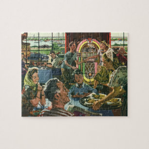 Vintage Family Dinner at a Diner with a Jukebox Jigsaw Puzzle