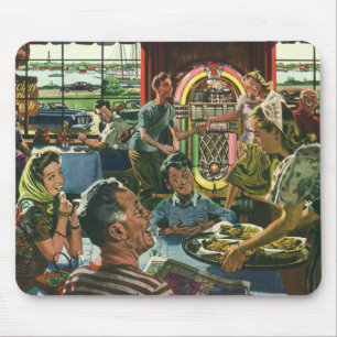 Vintage Family Dinner at a Diner with a Jukebox Mouse Pad