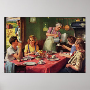 Vintage Family Eating Breakfast in the Kitchen Poster