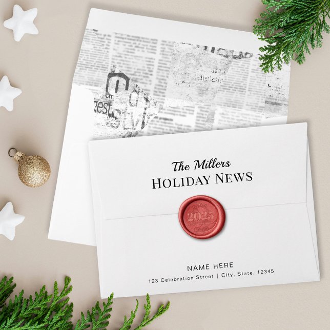 Vintage Family Holiday News Envelope for Christmas (Personalized Vintage Christmas Envelope Newspaper Themed)
