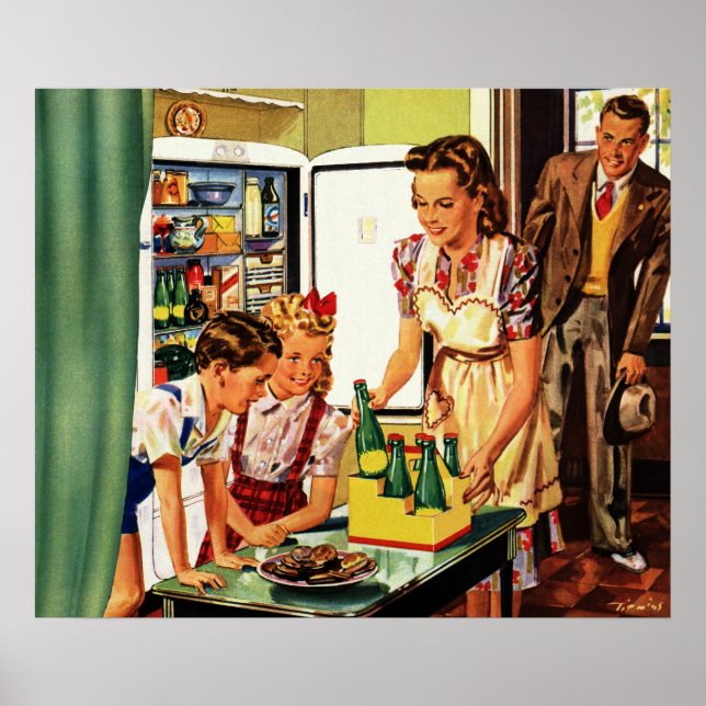 Vintage Family in the Kitchen Mom Dad Kids Snack Poster (Front)