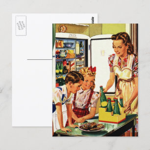 Vintage Family in the Kitchen Mum Dad Kids Snack Postcard