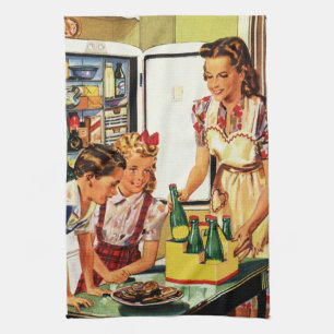 Vintage Family in the Kitchen Mum Dad Kids Snack Tea Towel