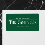 Vintage Family Name Emerald Green Return Address Label<br><div class="desc">Elevate your correspondence with a return address that blends timeless charm and modern clarity. This design features your family name as the sophisticated focal point, beautifully rendered in a striking, decorative vintage font. This classic centerpiece is perfectly balanced by your address, which is split into two lines, one above and...</div>