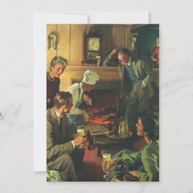 Vintage Family Party, Cooking Steaks Drinking Beer Invitation (Front)