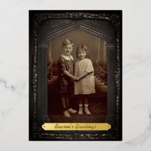 Vintage Family Photo Frame   Sepia Filter Heirloom Foil Holiday Card