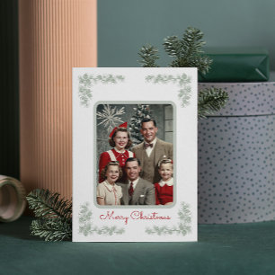 Vintage Family Photo Green Pine Frame Christmas Holiday Card