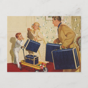 Vintage Family Vacation, Dad, Kids and Suitcases Postcard
