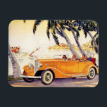 Vintage Family Vacation in a Convertible Car Magnet<br><div class="desc">Vintage illustration travel and transportation image featuring a family traveling in an orange antique convertible automobile along the Florida coast. A woman is water skiing and palm trees are swaying in the gentle breeze.</div>