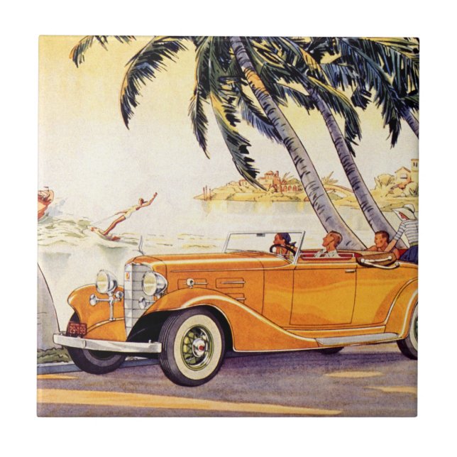 Vintage Family Vacation in a Convertible Car Tile (Front)
