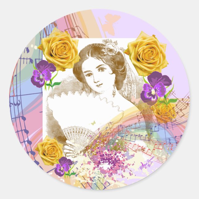 Vintage Fan Lady Music & Flowers Round Stickers (Front)