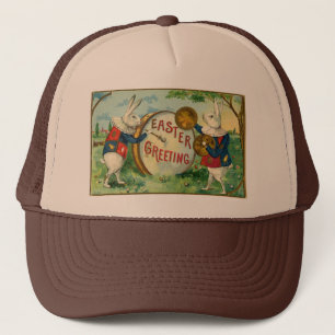 Vintage Fancy White Bunnies Easter Greeting Trucker Hat
