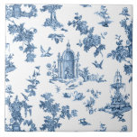Vintage Fantastic Fountains and Trees Toile-Blue Ceramic Tile<br><div class="desc">Historic seamless adaptation of a John Munn English engraved toile de jouy textile pattern ca 1770s featuring a classic monument to Shakespeare,  fountains,  birds and exotic florals. Blue on white background.</div>