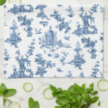 Vintage Fantastic Fountains and Trees Toile-Blue Tea Towel<br><div class="desc">Historic seamless adaptation of a John Munn English engraved toile de jouy textile pattern ca 1770s featuring a classic monument to Shakespeare,  fountains,  birds and exotic florals. Blue on white background.</div>