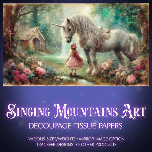 Vintage Fantasy Garden Unicorn Girl Decoupage Tissue Paper