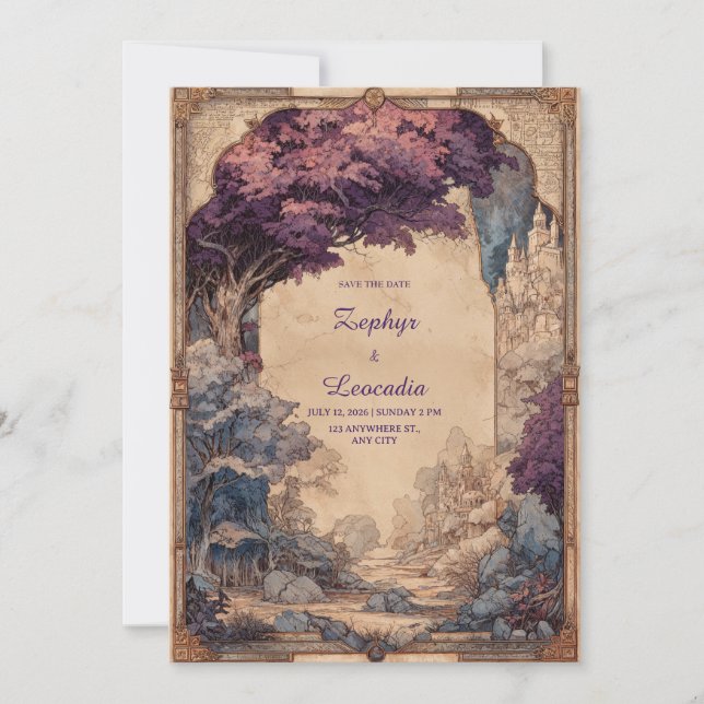 Vintage Fantasy Purple Tree Castle Wedding Invitation (Front)