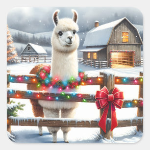 Vintage Farm and Cute Llama Christmas  Square Sticker