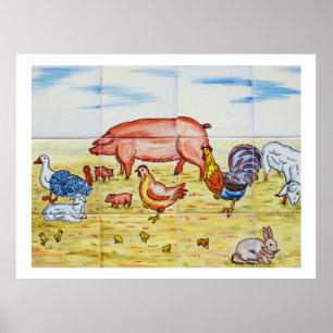 Vintage farm animal rustic tile pattern art poster