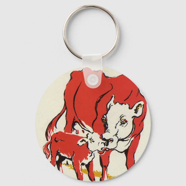 Vintage Farm Animals,  Holstein Cow with Calf Key Ring (Front)