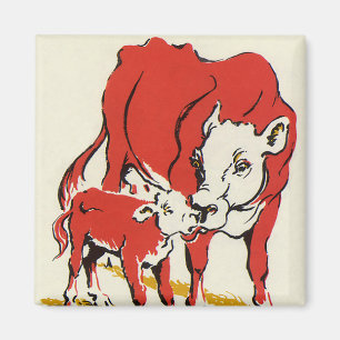 Vintage Farm Animals, Mama Cow with Her Baby Calf Magnet