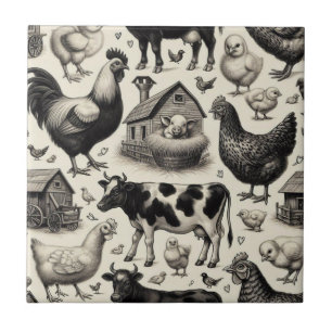 Vintage Farm Animals Painting Ceramic Tile