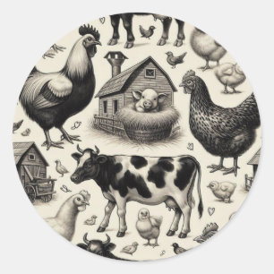 Vintage Farm Animals Painting Classic Round Sticker