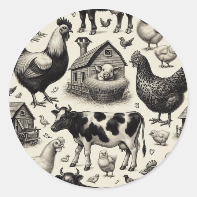 Vintage Farm Animals Painting Classic Round Sticker (Front)