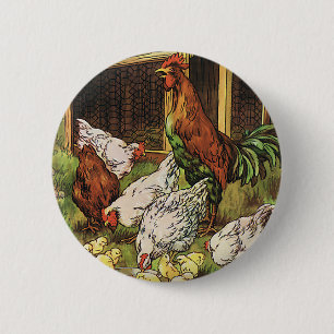 Vintage Farm Animals, Rooster, Hens, Chickens 6 Cm Round Badge