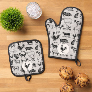 Vintage Farm Animals Rustic Collage Oven Mitt & Pot Holder Set