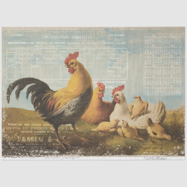 Vintage Farm Chicken Ephemera Decoupage Tissue Paper (Front)