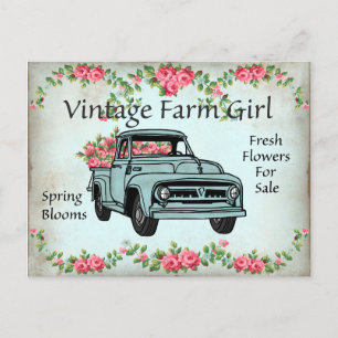 Vintage Farm girl truck postcard
