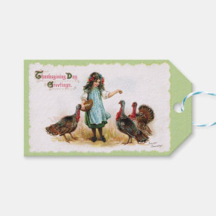Vintage Farm Girl & Turkeys Gift Tag