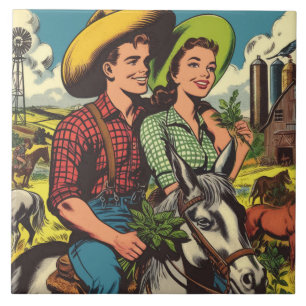 Vintage Farm Love Couple Comics Ceramic Tile