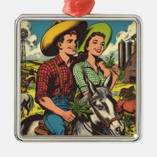 Vintage Farm Love Couple Comics Metal Ornament