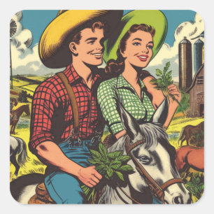 Vintage Farm Love Couple Comics Square Sticker