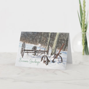 Vintage Farm Machinery in the Snow Christmas Card