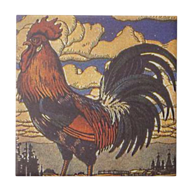 Vintage Farm Rooster Retro Country Illustration Tile (Front)