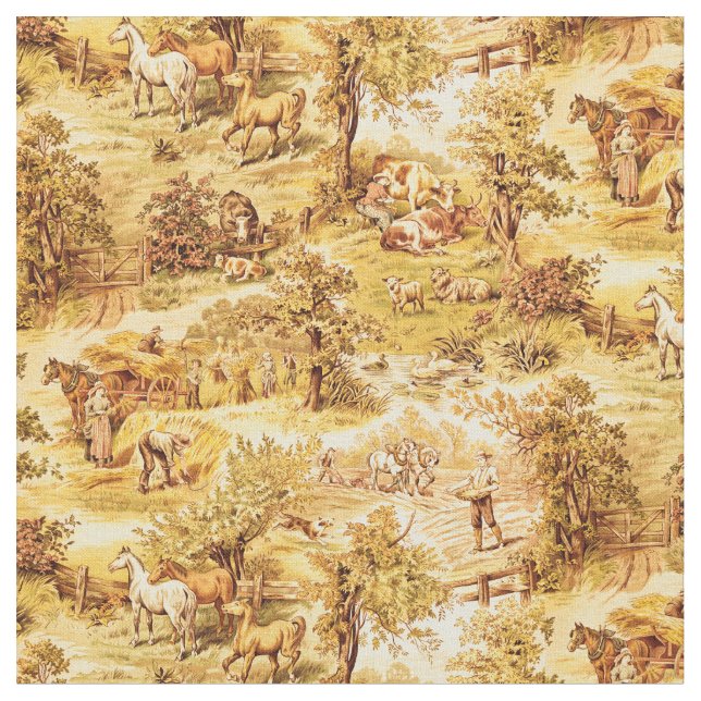 Vintage Farm Scenes pattern Fabric (Close Up)