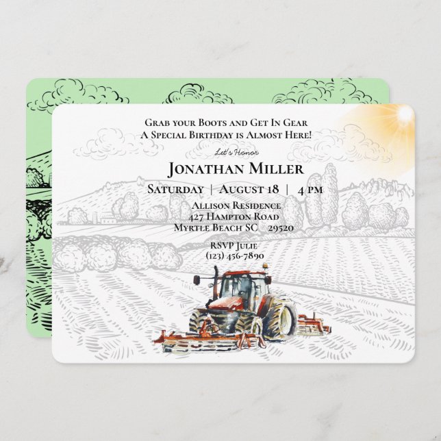 Vintage Farm Tractor Birthday Party Invitation (Front/Back)