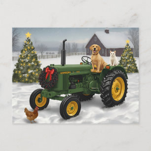 Vintage Farm Tractor Dog Cat Holiday Postcard